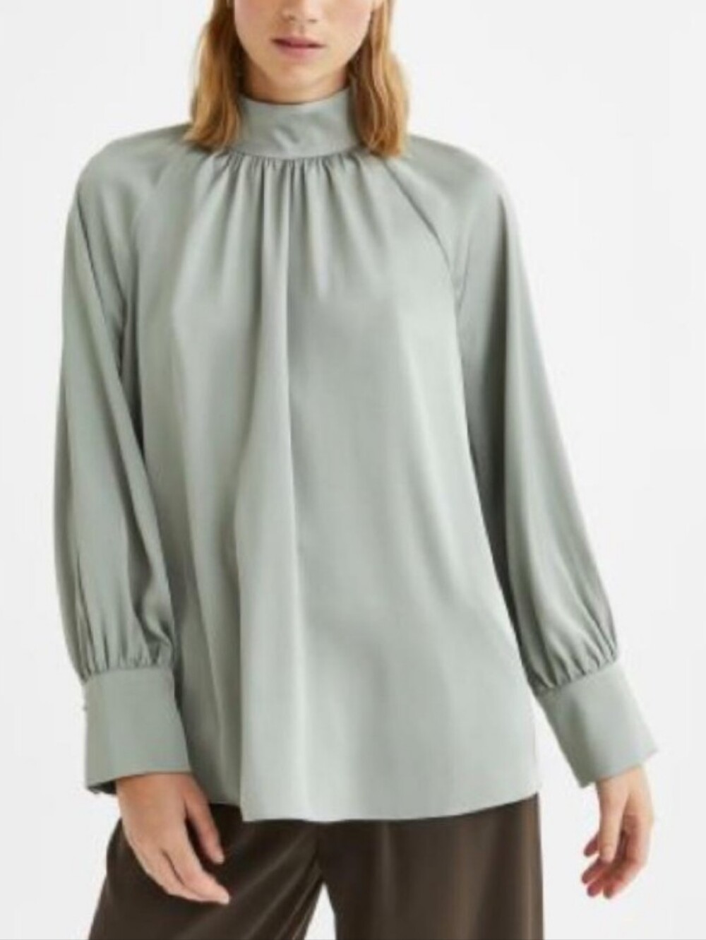 H&M Sage Green High-Neck Balloon Sleeve Blouse